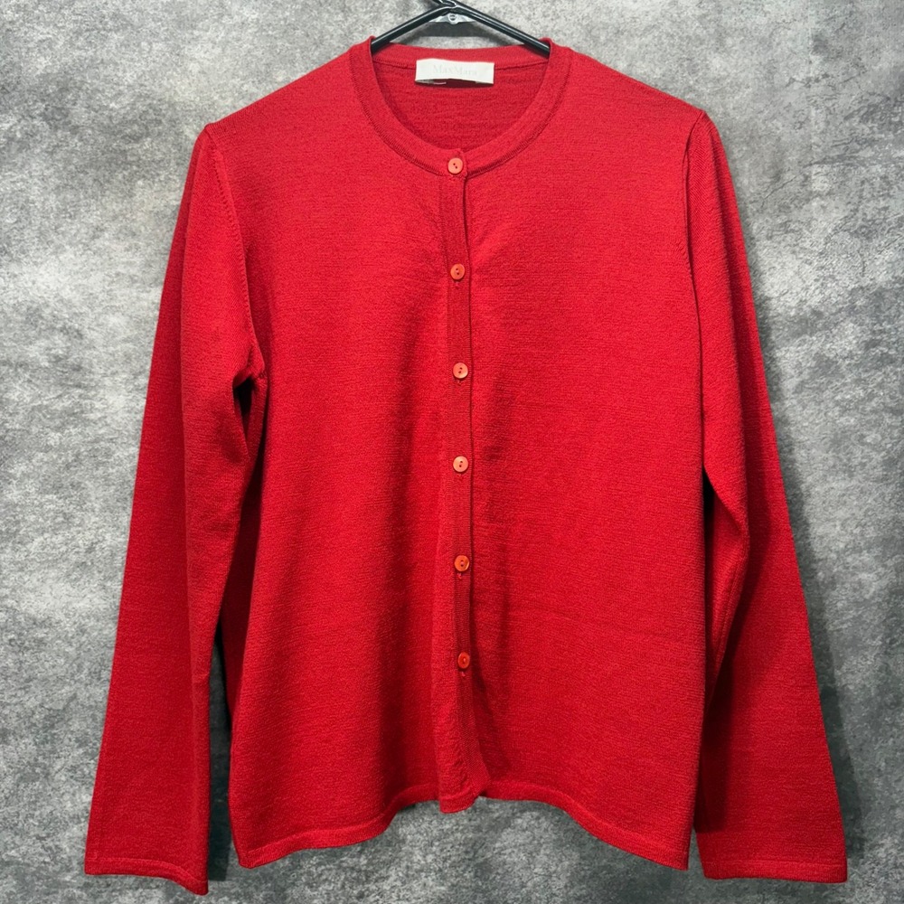 Vintage Max Mara Pure Wool Cardigan Sweater Women's M Red Preppy Academia Italy